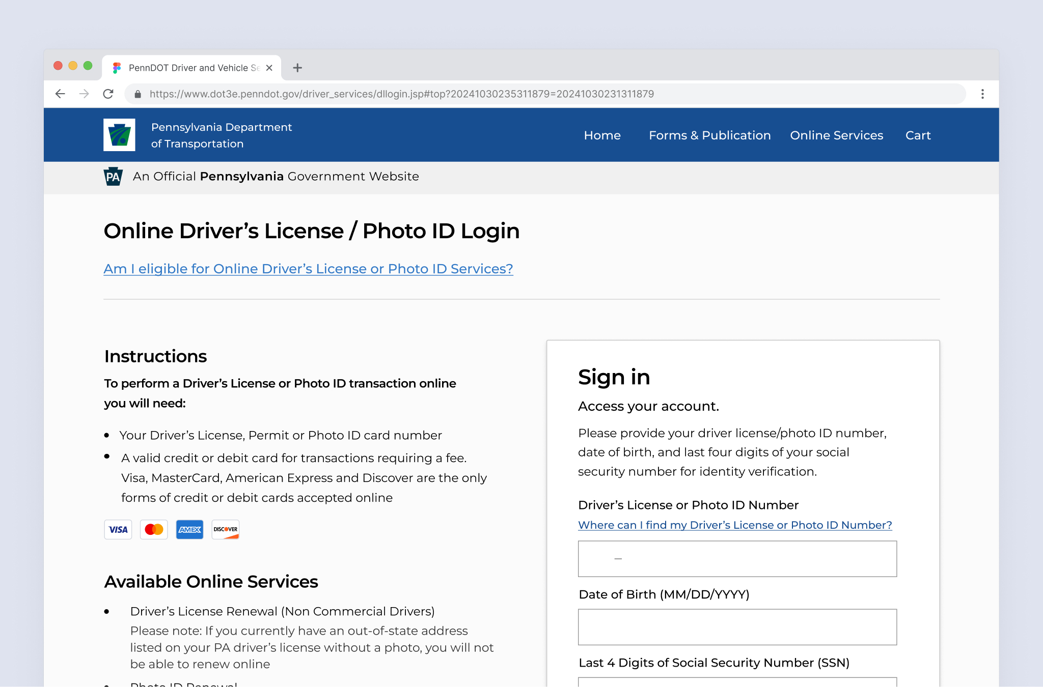 PennDOT login page